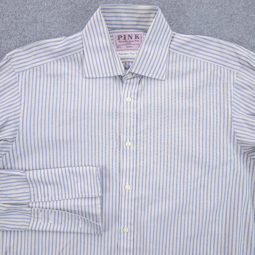 Thomas Pink Dress Shirt 15.5 35 French Cuff Long Sleeve Blue Striped Mens